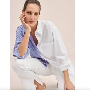 Mango MNG Pinstripe Color Block Oversized Shirt Button Down Blue White Women's S